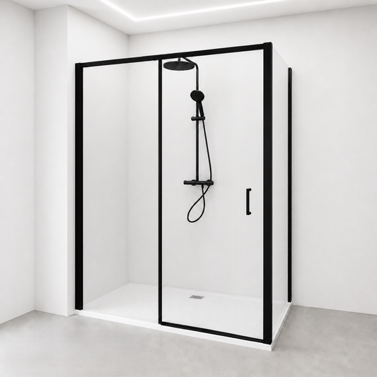 Cabine de douche coulissante noire à 2 vantaux, ajustable de 20 mm, avec retour latéral en situation font blanc