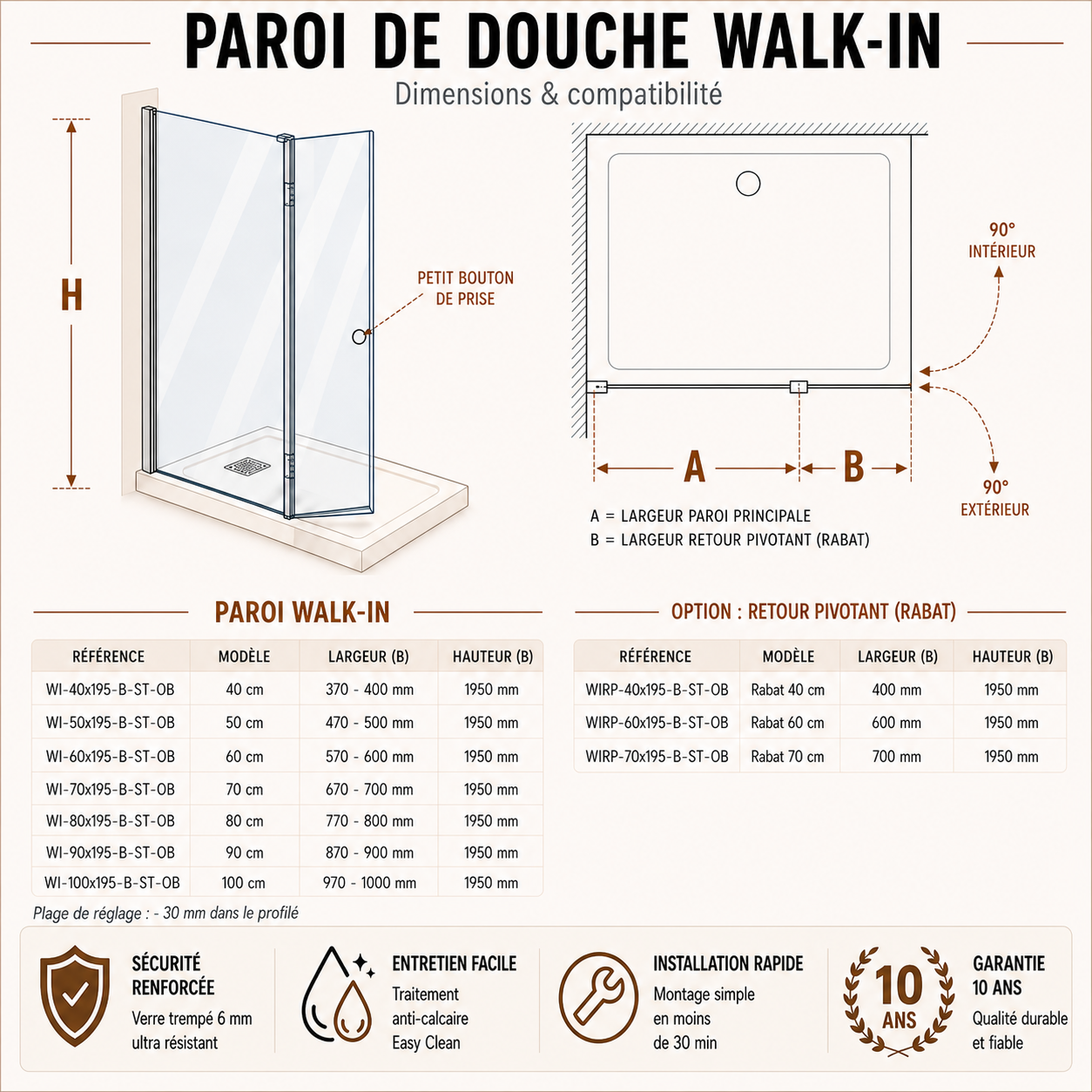 Paroi de douche avec volet pivotant en verre 6mm transparent et accessoires en noir mat