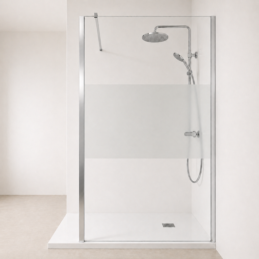 Paroi de douche en verre securit transparent avec bande centrale sabl�e et accessoires chrom�s