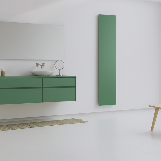 Electric radiator in monochrome Moss Green painted steel with optional towel rails