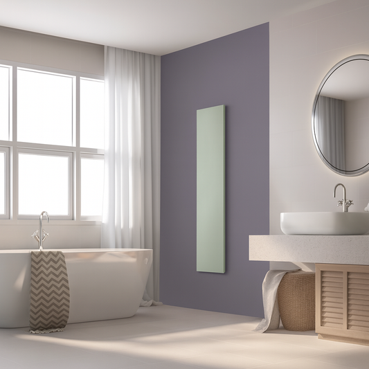 Electric radiator in monochrome light almond green painted steel with optional towel rails