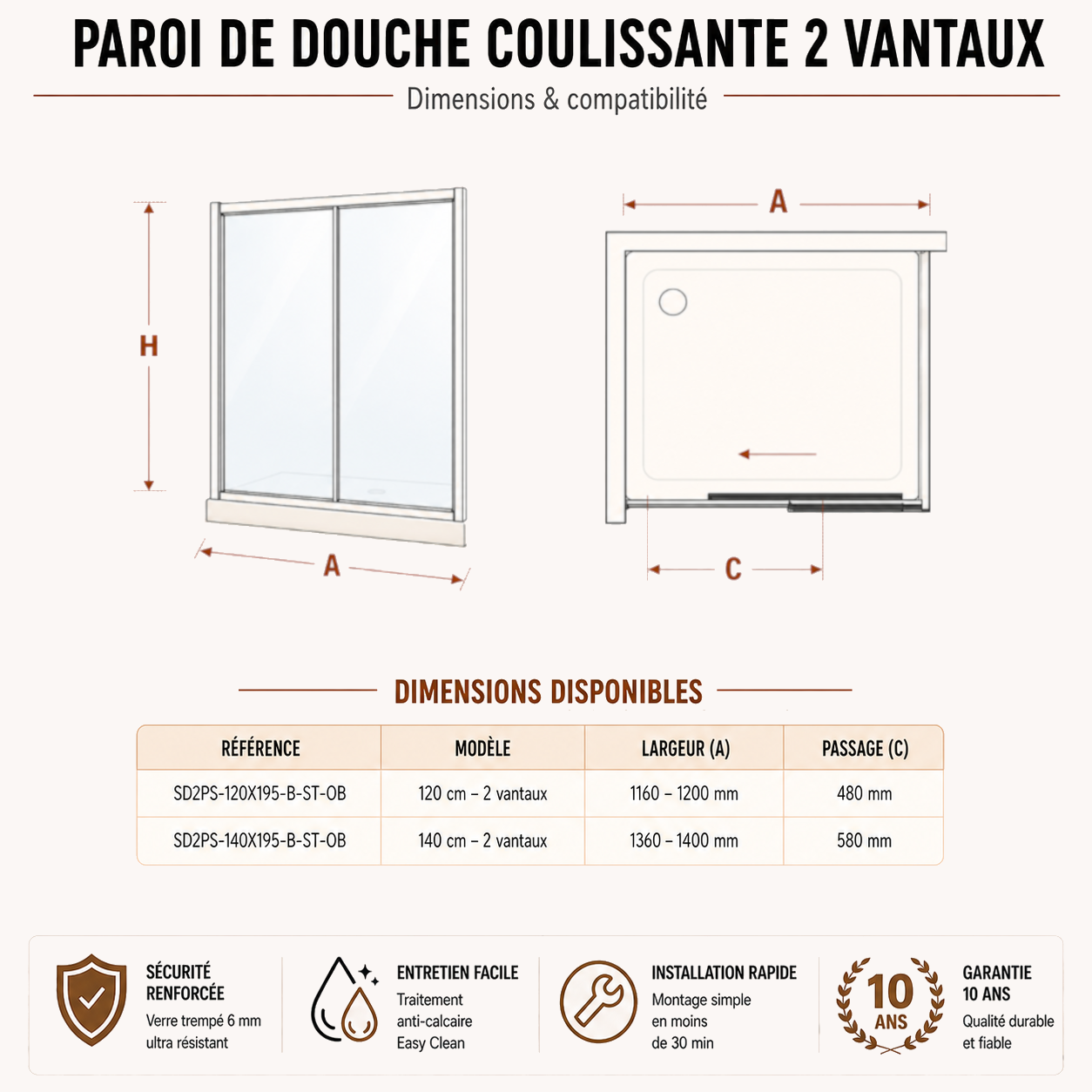 Porte de douche coulissante à 2 vantaux en verre transparent anticalcaire de 6 mm – cadre noir mat