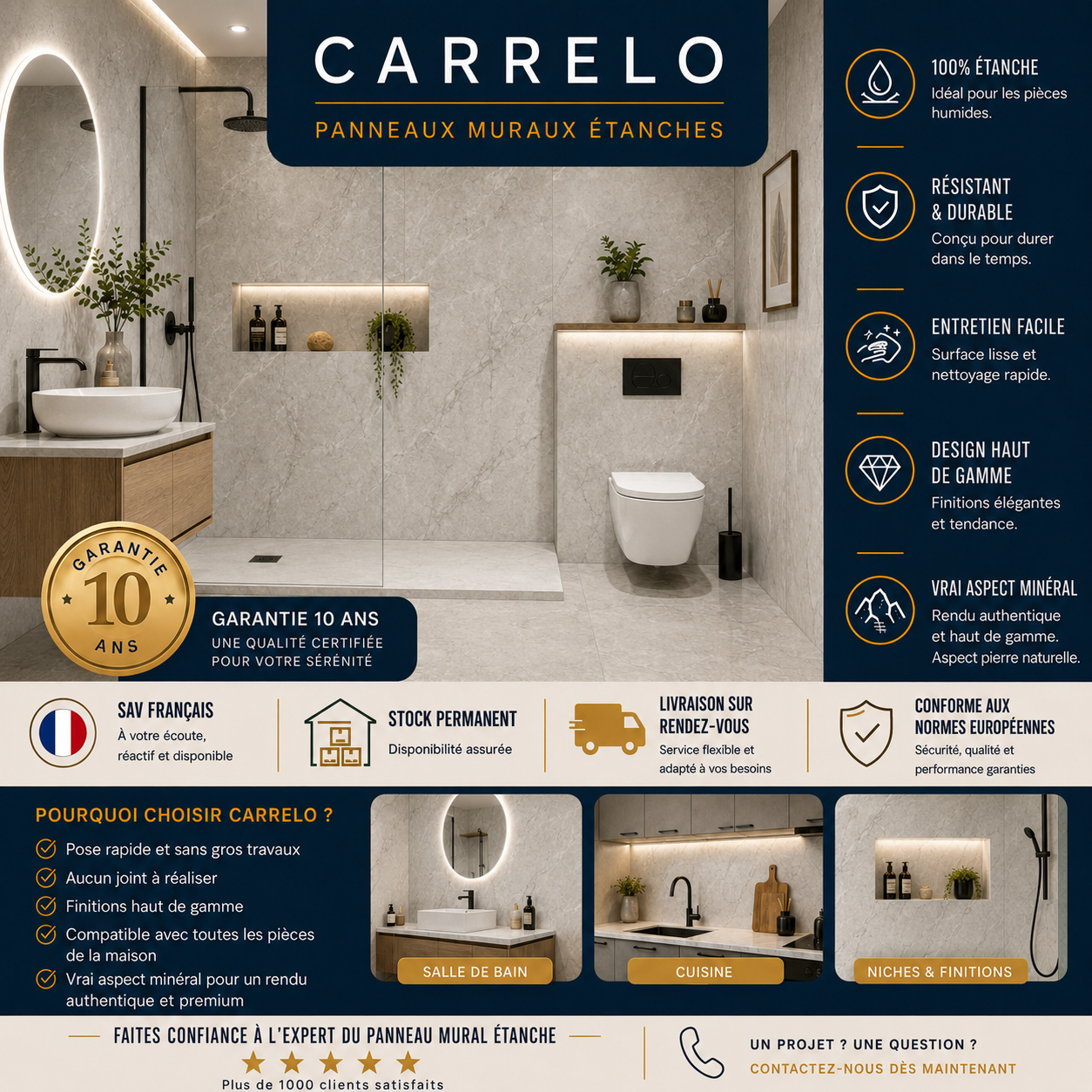 Pack de 3 panneaux muraux de salle de bain 60x90 marbre blanc