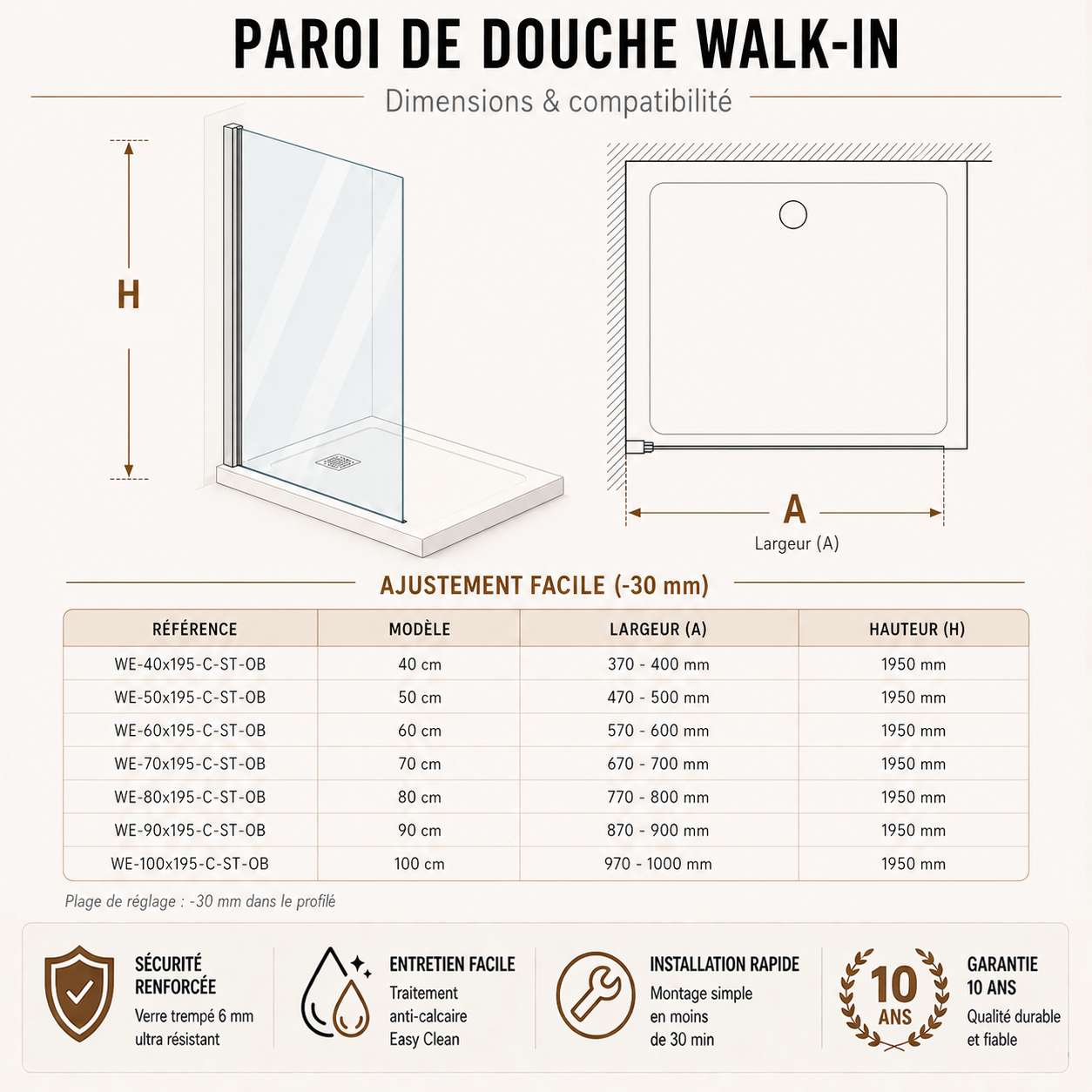 Paroi de douche en verre 6mm EASY CLEAN et accessoires en aluminium chrom�