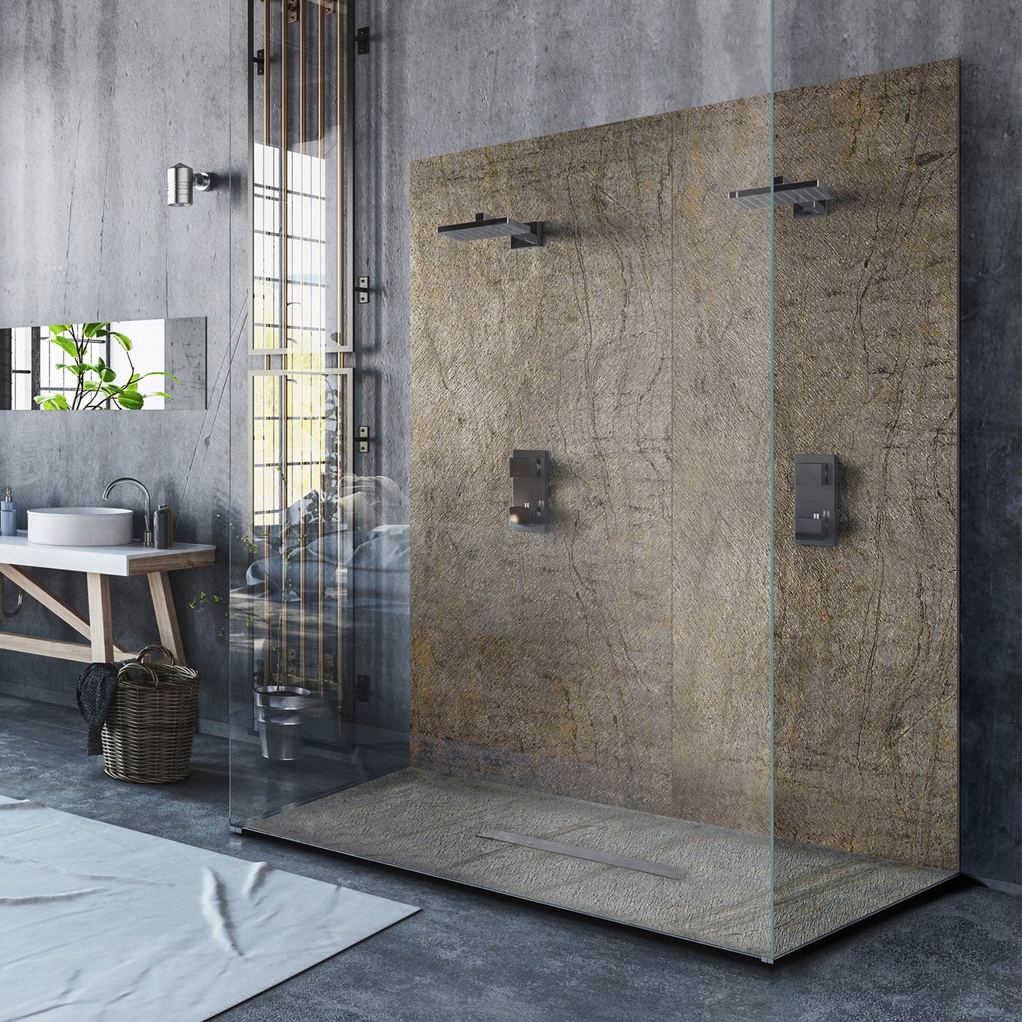 Panneau mural de salle de bain en pi�rre naturelle Ardoise claire avec natte d'�tanch�it�