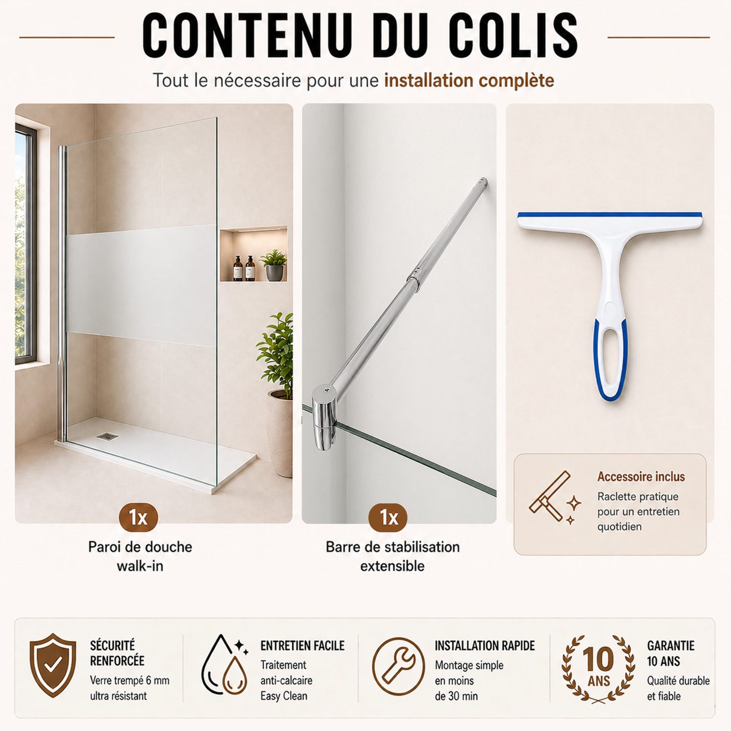 Paroi de douche en verre securit transparent avec bande centrale sabl�e et accessoires chrom�s