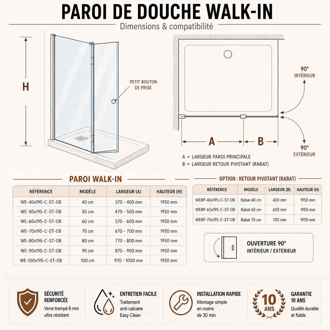 Paroi de douche avec retour pivotant 180° en verre transparent accessoires en aluminium chromé