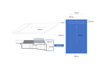 Receveur de douche � carreler Mono pente avec caniveau excentr� en inox 70x7 en inox