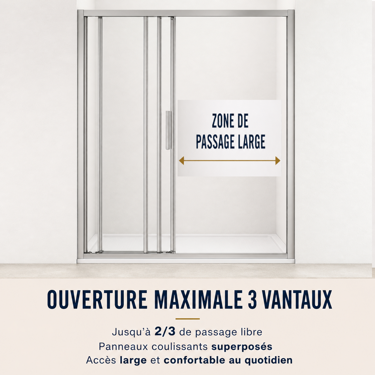 Cabine de douche à porte coulissante 3 vantaux avec paroi latérale, vue de la large zone de passage permettant un accès confortable à l’espace de douche.