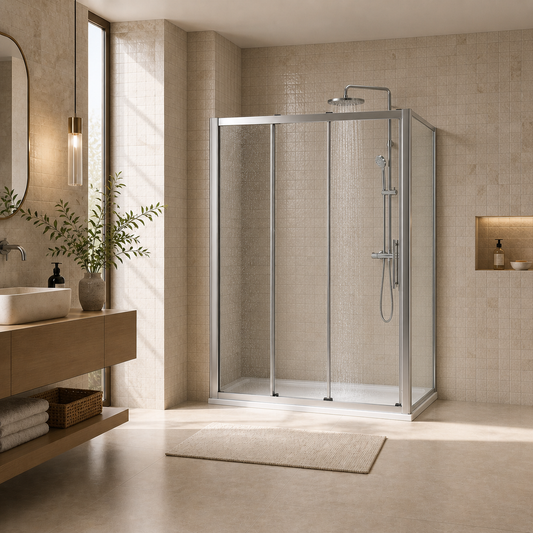 Cabine de douche à porte coulissante 3 vantaux avec paroi latérale, profilés chromés et verre anticalcaire, présentée en situation dans une salle de bain moderne.
