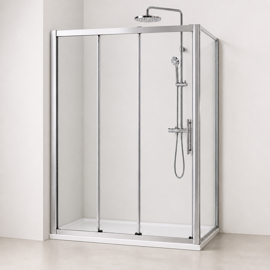 Vue complète de la cabine de douche à porte coulissante 3 vantaux avec paroi latérale, profilés chromés et verre anticalcaire, présentée sur fond blanc.