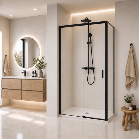 Cabine de douche coulissante noire à 2 vantaux, ajustable de 20 mm, avec retour latéral en situation