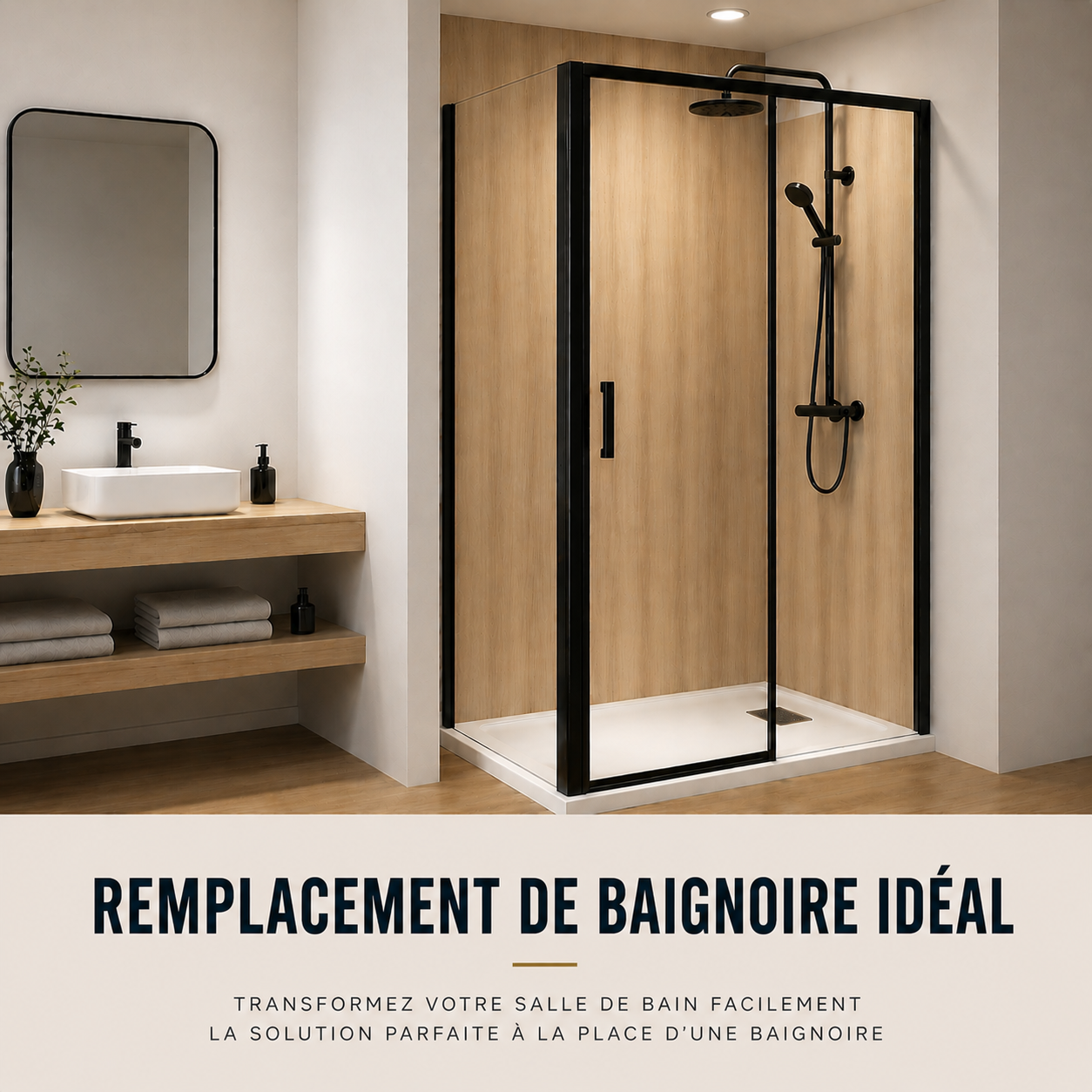 Visualisation d’une cabine de douche coulissante noire à deux vantaux installée à l’emplacement précédemment occupé par une baignoire.