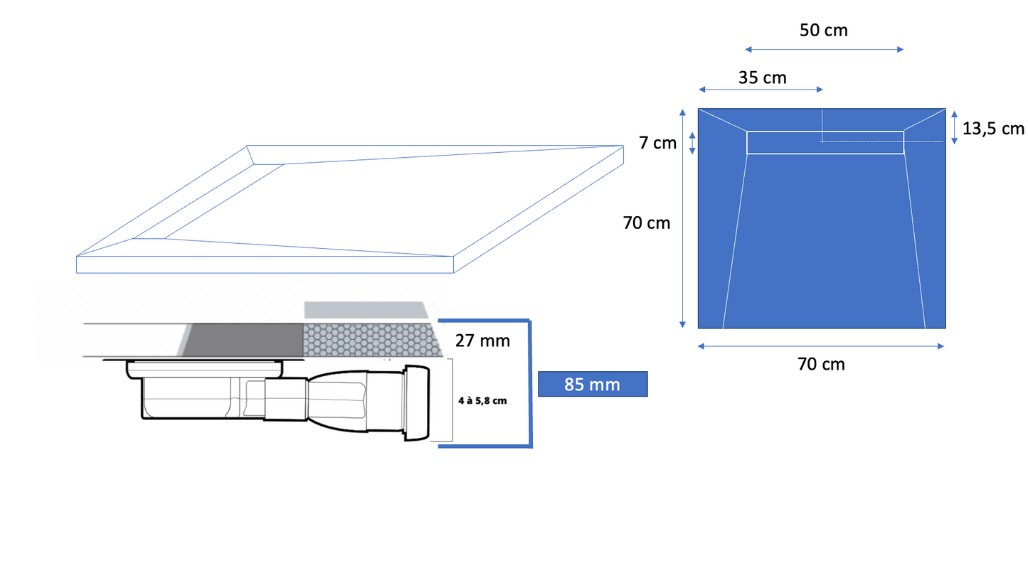 70×70 cm resin shower tray – offset drain grate