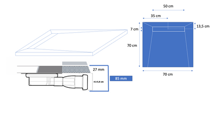 70×70 cm resin shower tray – offset drain grate