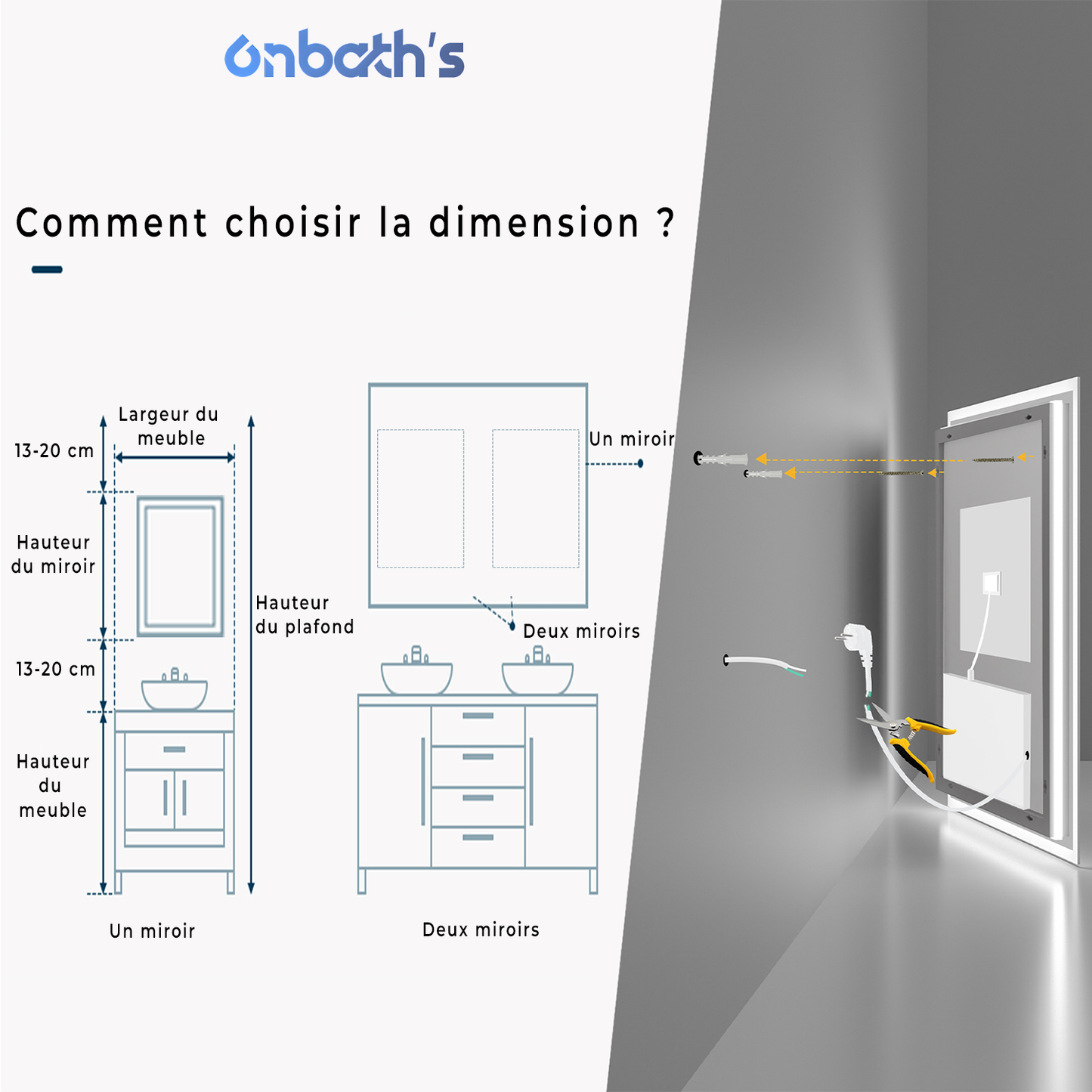 Miroir lumineux salle de bain Anti-Buée rectangulaire Éclairage 3 Couleurs avec mémoire IP44