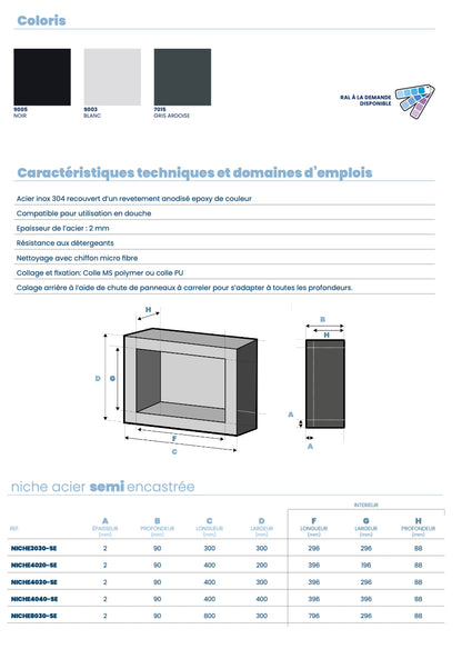 Niche semi-ecastrée 30x30 cm en acier inoxydable 9cm de profondeur