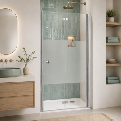 Porte de douche pivotante pliante avec bande opaque - reversible sans cadre et anticalcaire – Profilé aluminium chromé