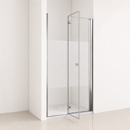 Porte de douche pivotante pliante avec bande opaque - reversible sans cadre et anticalcaire – Profilé aluminium chromé