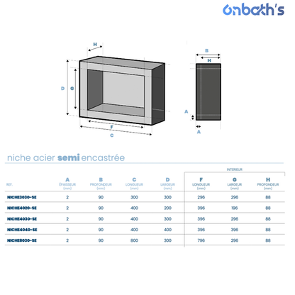 Niche semi-ecastrée 30x30 cm en acier inoxydable 9cm de profondeur