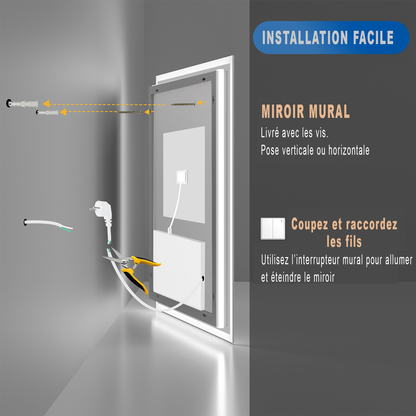 Miroir lumineux salle de bain Anti-Buée rectangulaire Éclairage 3 Couleurs avec mémoire IP44