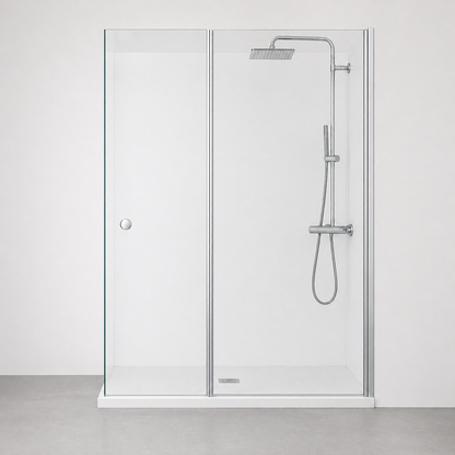 Paroi de douche avec retour pivotant 180° en verre transparent accessoires en aluminium chromé