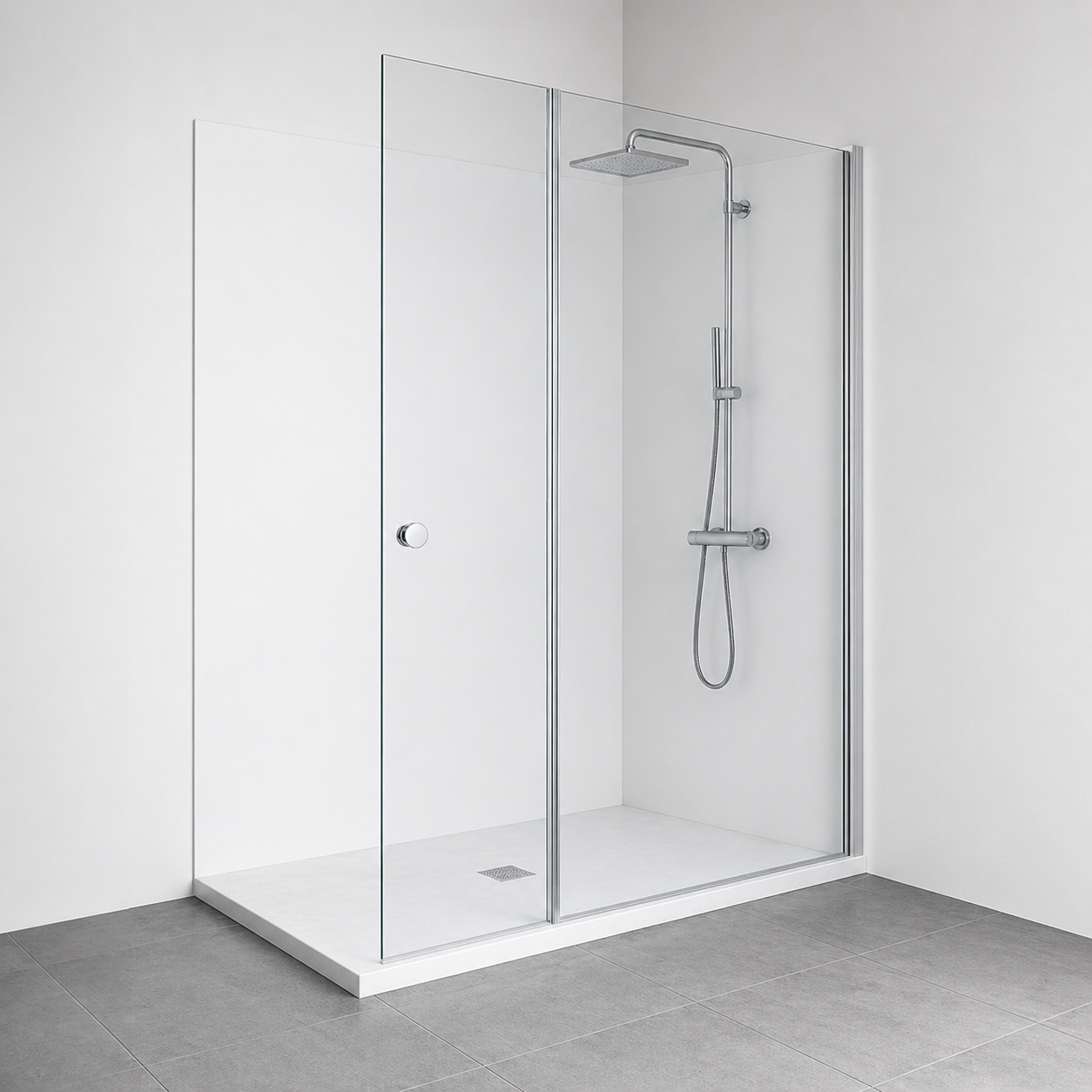 Paroi de douche avec retour pivotant 180° en verre transparent accessoires en aluminium chromé