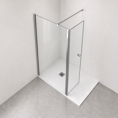 Paroi de douche avec retour pivotant 180° en verre transparent accessoires en aluminium chromé