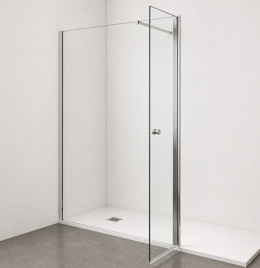 Paroi de douche avec retour pivotant 180° en verre transparent accessoires en aluminium chromé