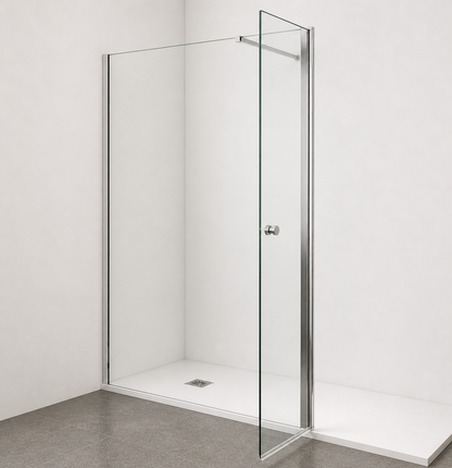 Paroi de douche avec retour pivotant 180° en verre transparent accessoires en aluminium chromé