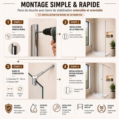 Paroi de douche avec retour pivotant 180° en verre transparent accessoires en aluminium chromé