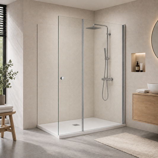Paroi de douche avec retour pivotant 180° en verre transparent accessoires en aluminium chromé