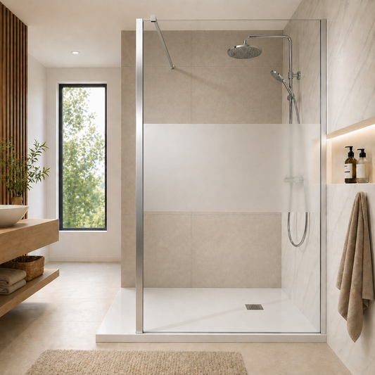 Paroi de douche en verre securit transparent avec bande centrale sabl�e et accessoires chrom�s