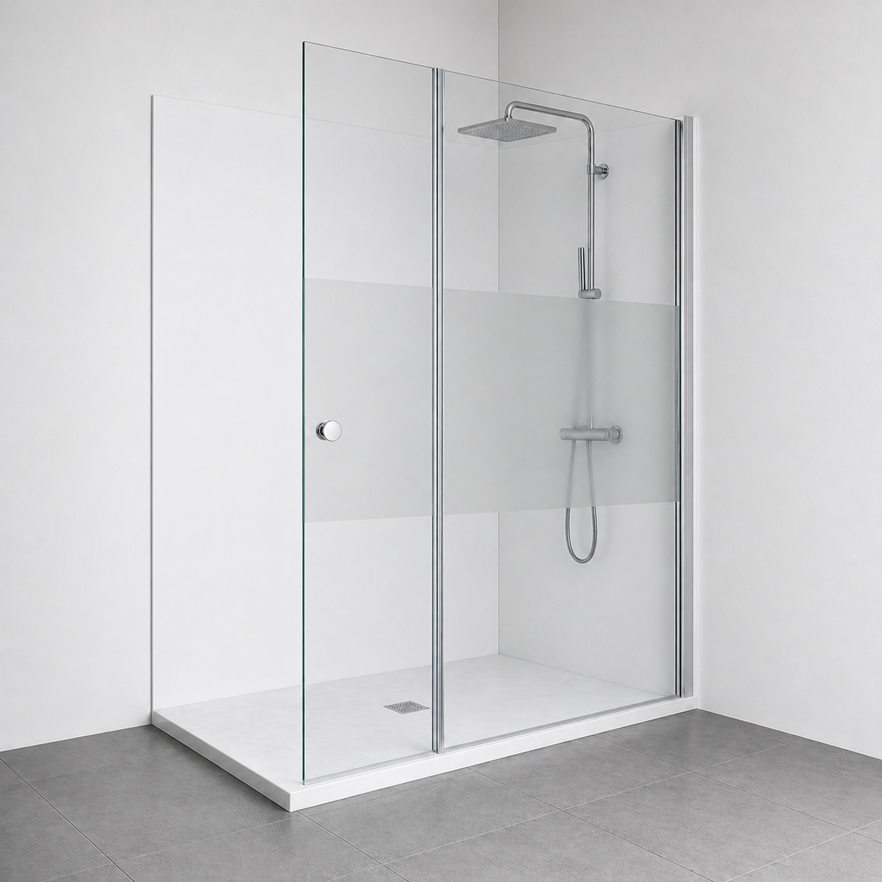 Paroi de douche avec retour pivotant en verre transparent et accessoires en aluminium chrom�