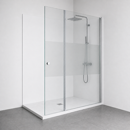 Paroi de douche avec retour pivotant en verre transparent et accessoires en aluminium chrom�