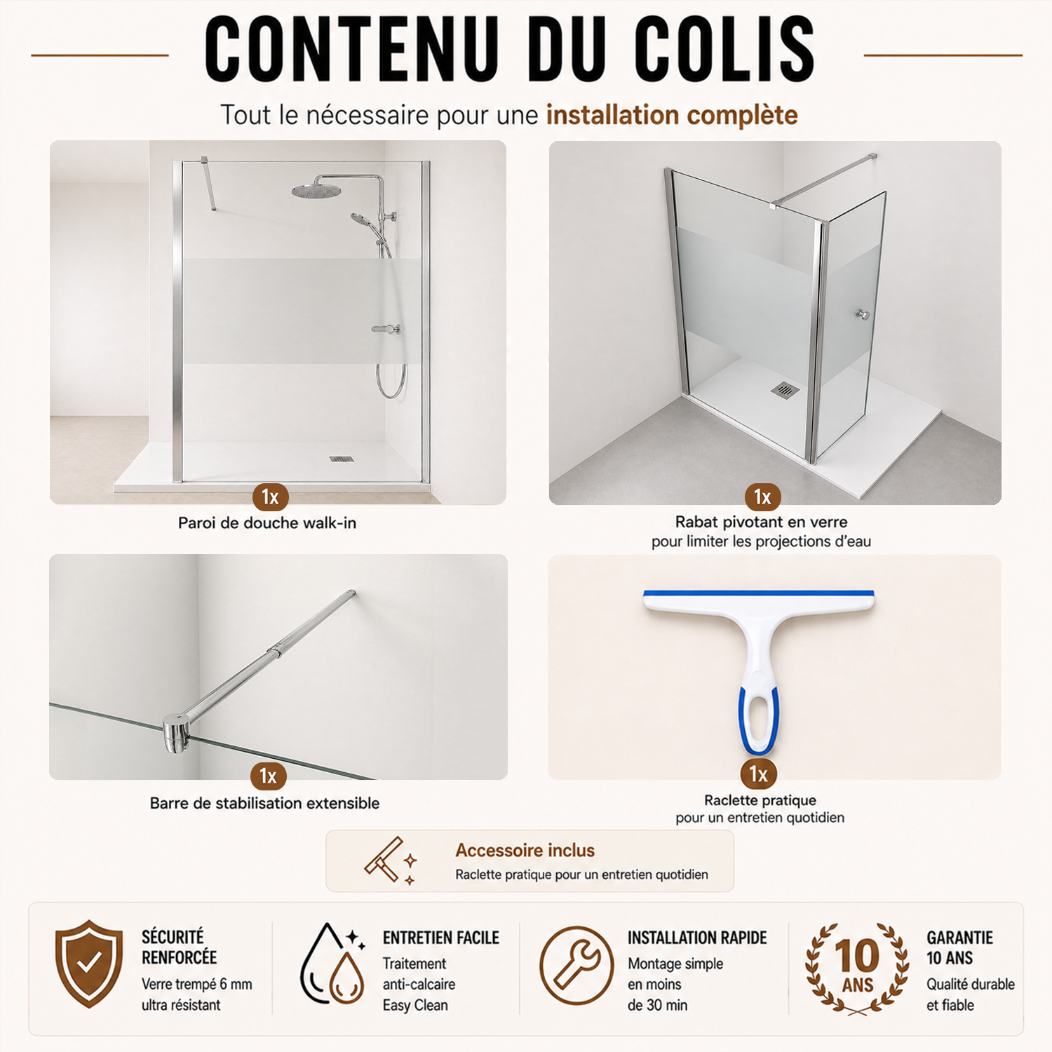 Paroi de douche avec retour pivotant en verre transparent et accessoires en aluminium chrom�