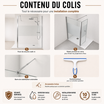 Paroi de douche avec retour pivotant en verre transparent et accessoires en aluminium chrom�