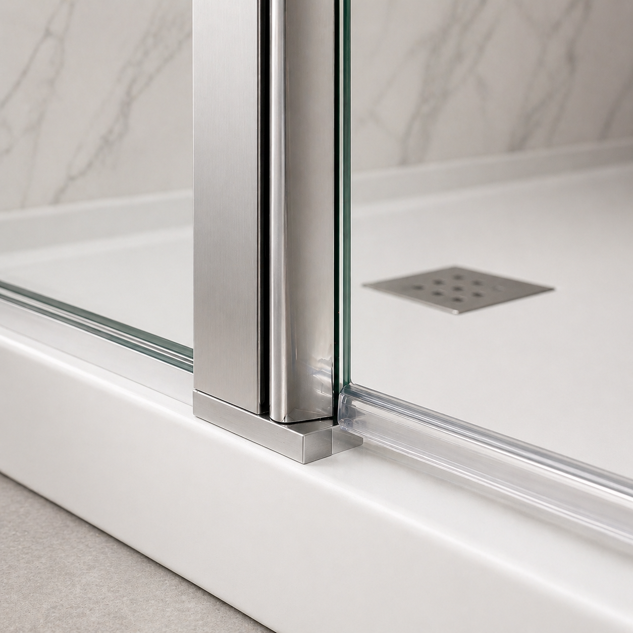 Paroi de douche avec retour pivotant en verre transparent et accessoires en aluminium chrom�