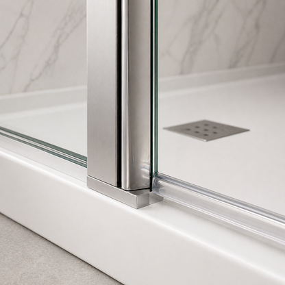 Paroi de douche avec retour pivotant en verre transparent et accessoires en aluminium chrom�