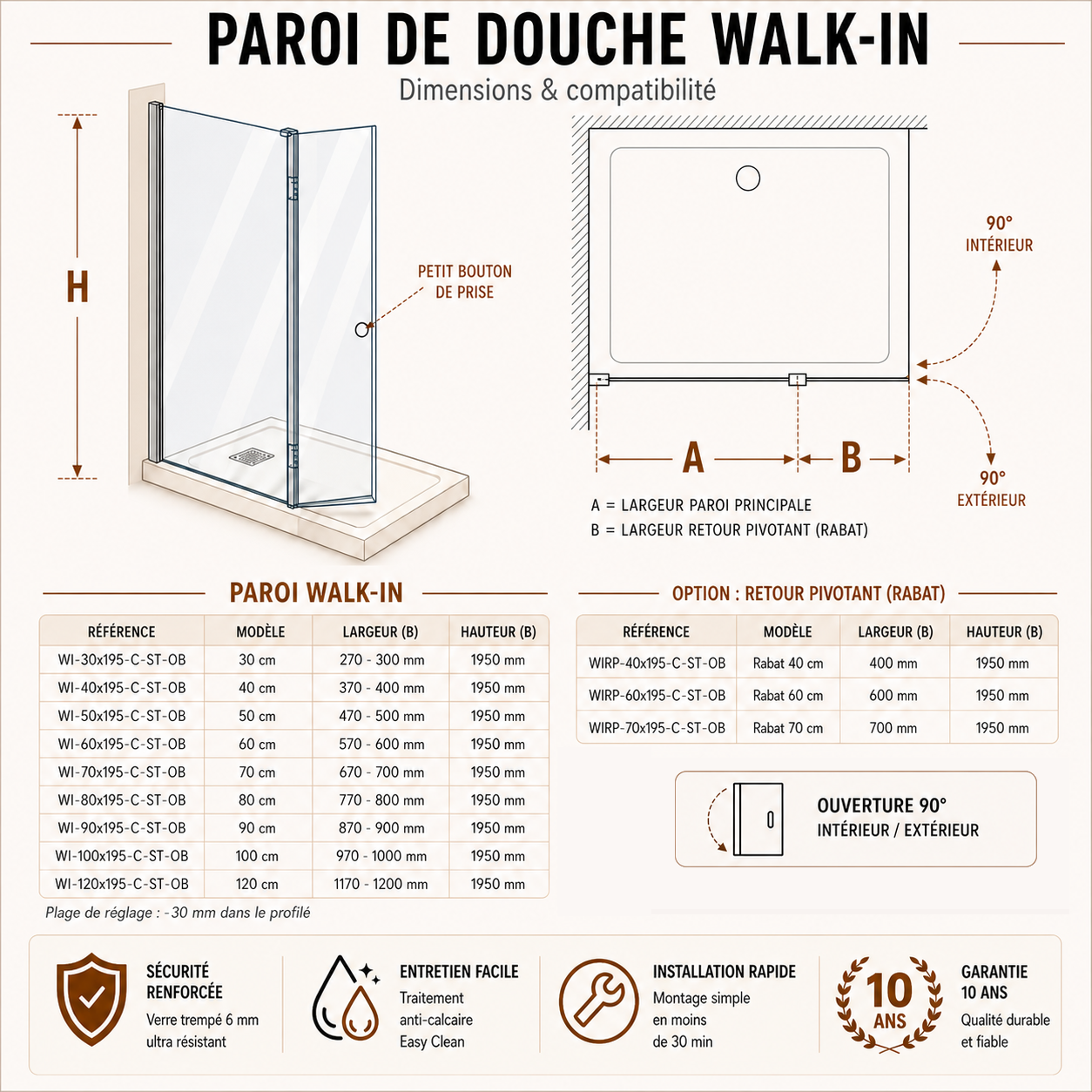 Paroi de douche avec retour pivotant en verre transparent et accessoires en aluminium chrom�