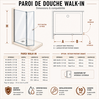 Paroi de douche avec retour pivotant en verre transparent et accessoires en aluminium chrom�