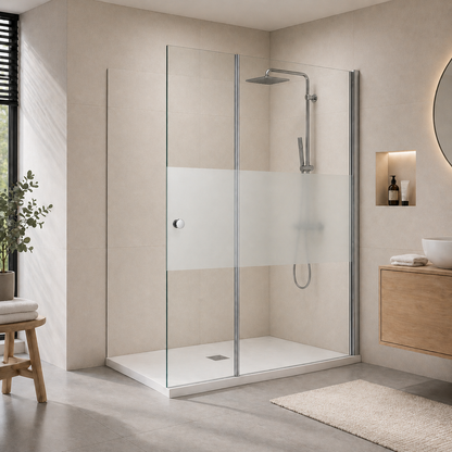 Paroi de douche avec retour pivotant en verre transparent et accessoires en aluminium chrom�