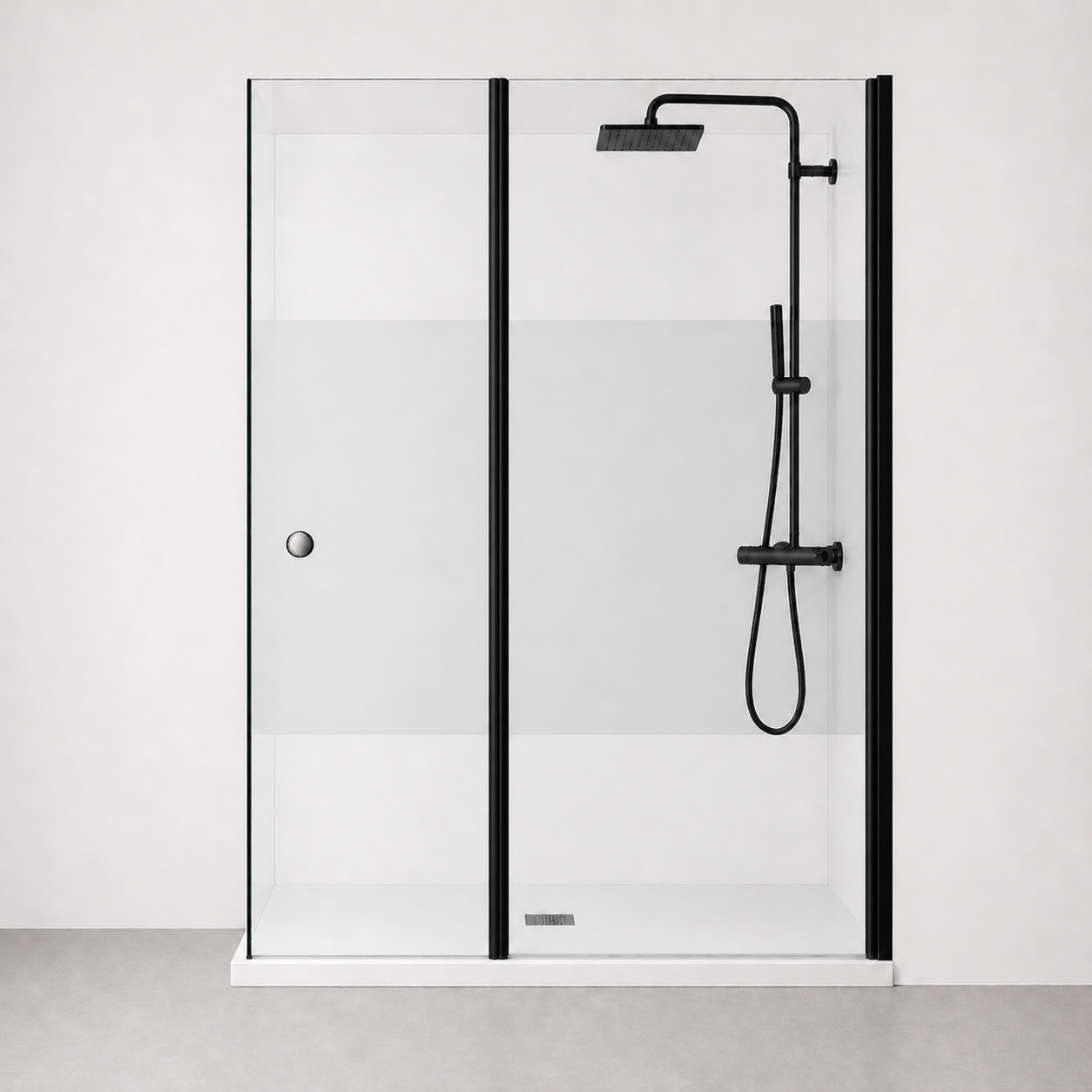 Paroi de douche avec volet pivotant en verre 6mm transparent et accessoires en noir mat