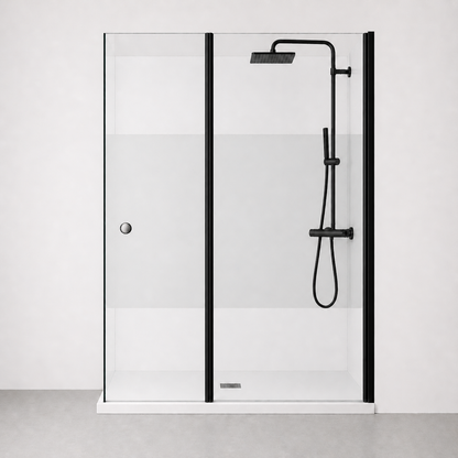Paroi de douche avec volet pivotant en verre 6mm transparent et accessoires en noir mat