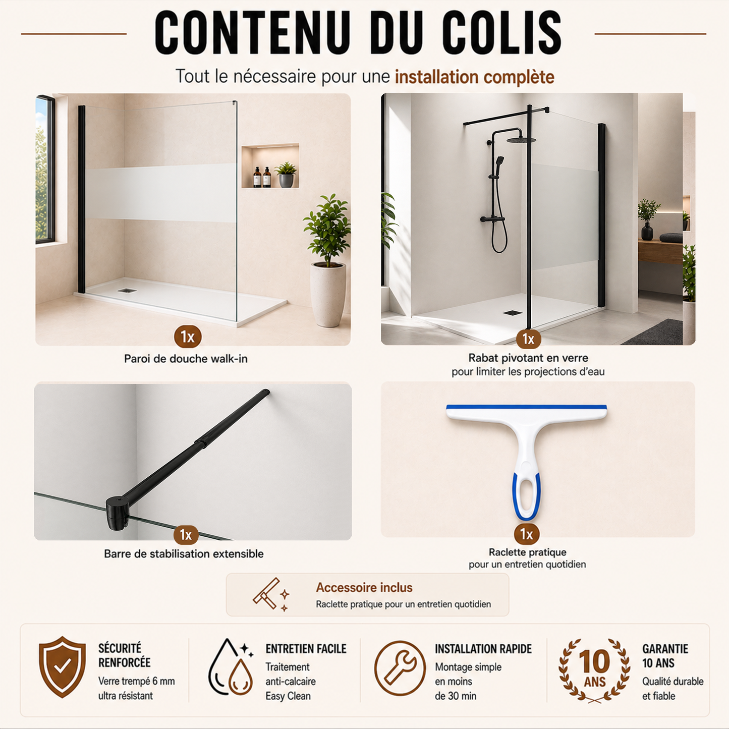 Paroi de douche avec volet pivotant en verre 6mm transparent et accessoires en noir mat