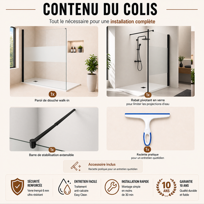 Paroi de douche avec volet pivotant en verre 6mm transparent et accessoires en noir mat