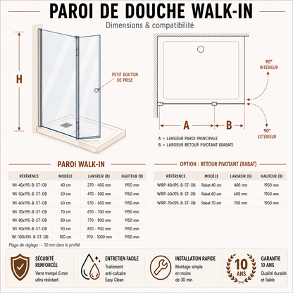 Paroi de douche avec volet pivotant en verre 6mm transparent et accessoires en noir mat