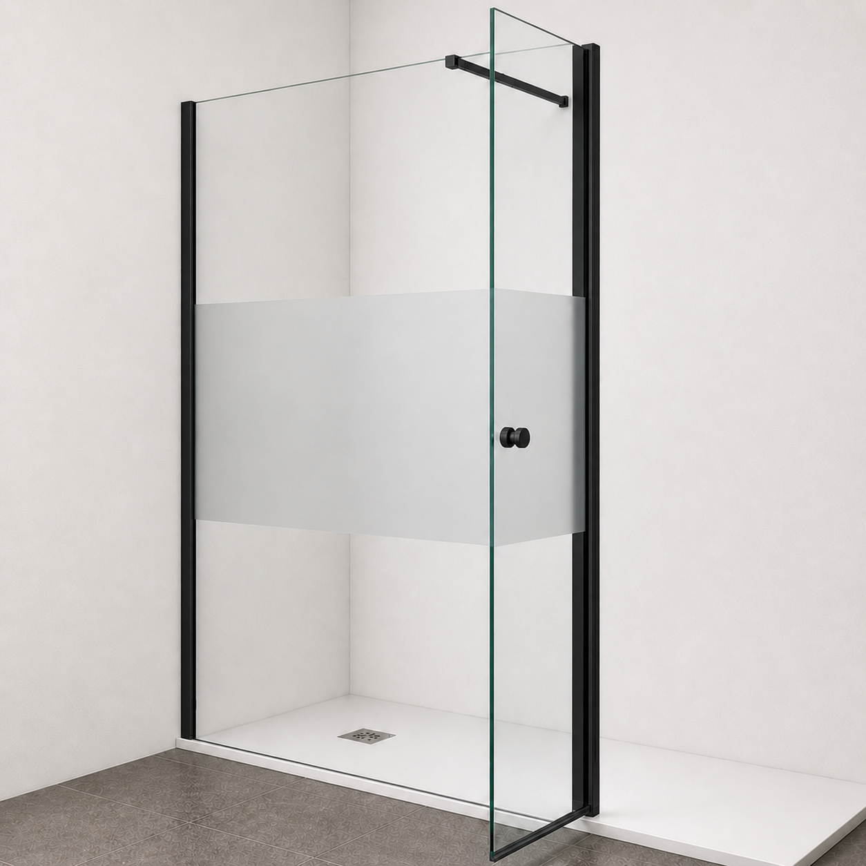 Paroi de douche avec volet pivotant en verre 6mm transparent et accessoires en noir mat