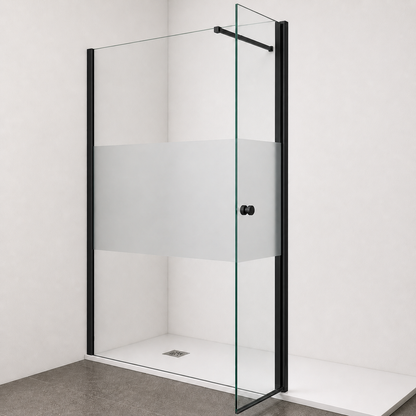 Paroi de douche avec volet pivotant en verre 6mm transparent et accessoires en noir mat