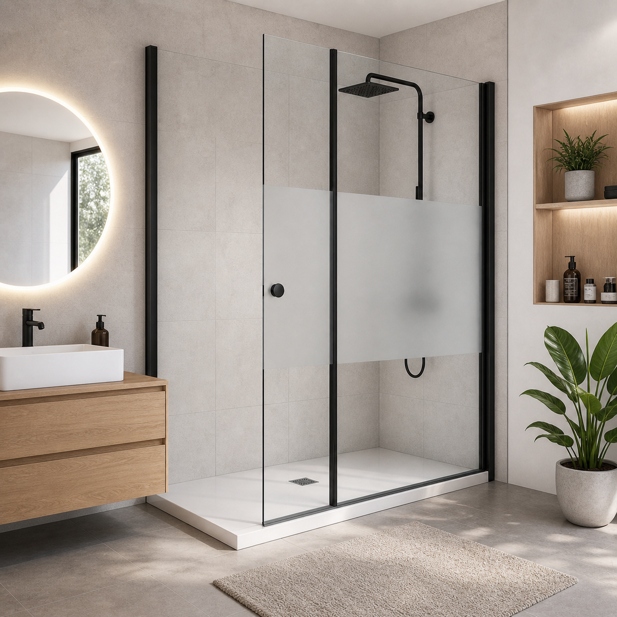 Paroi de douche avec volet pivotant en verre 6mm transparent et accessoires en noir mat